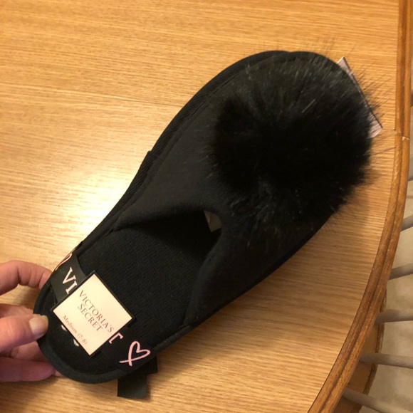 PINK Victoria's Secret Shoes - Victoria Secret black slippers with black Pom Pom
